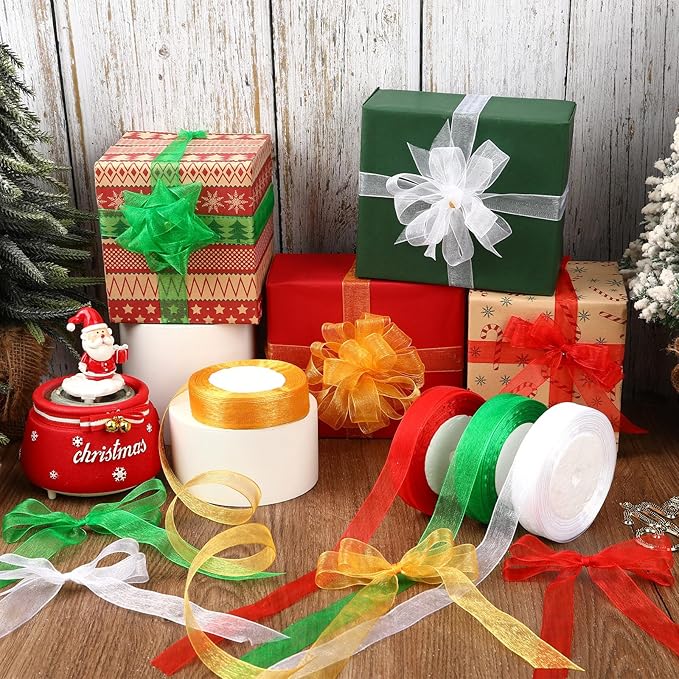 DECYOOL 4 Rolls 200 Yards Christmas Ribbons for Gift Wrapping, 4/5" Wide Christmas Organza Ribbon Xmas Holiday Chiffon Ribbons for Wreaths Festival Decoration and DIY Crafts (Red, Green, White, Gold)