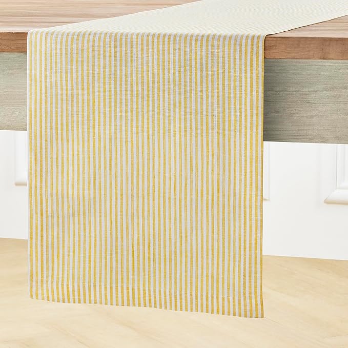 Solino Home Linen Striped Table Runner 144 Inches Long - Narrow Stripe 100% Pure Linen Spicy Mustard and White Dining Table Runner 14 x 144 Inch for Spring, Easter