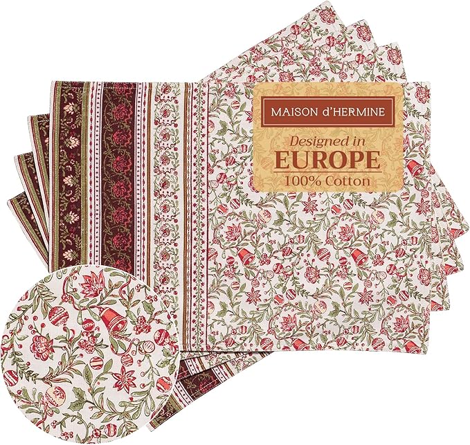 Maison d' Hermine Placemats Set of 4 100% Cotton Washable Cloth Place Mats, Reusable Table Mats for Thanksgiving Christmas Decorations Kitchen Dining Party Wedding (Reveillon Au Jardin, 13" x 19")
