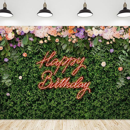 Riyidecor Green Leaves Happy Birthday Backdrop Polyester Fabric for Woman Neon Spring Flower Wall Floral Blossom Plant Botanical 7Wx5H Feet Nature Photography Background Birthday Photo Studio Shoot
