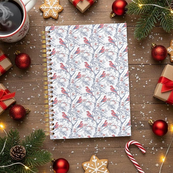 VIIJJUE Blue and White Chinoiserie Christmas Cardinal Notebook Journal, Vintage French Country Toile de Jouy Journal, Xmas Red Cardinal Hardcover Spiral Notebooks, 5.5x8.3 Inch-01