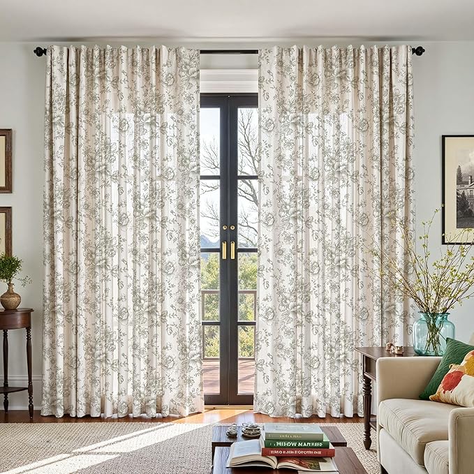 jinachan Linen Floral Curtains Extra Wide for Patio Sliding Glass Door Room Divider Curtain for Living Room Christmas Drapes 84 Inch Length Farmhouse Peony Green Printed Curtain Set 1 Panel