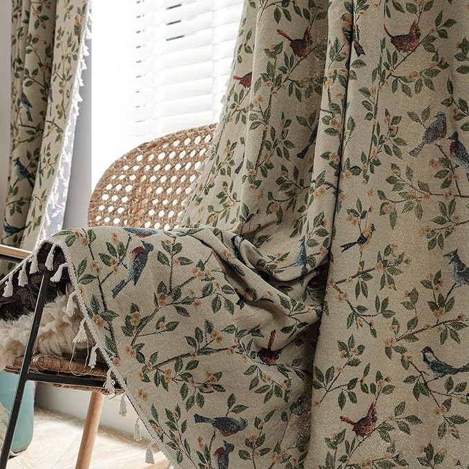 ENJOYBRIDAL Floral 63 Inch Curtains for Bedroom Jacquard Drapes Bird Patterned Semi Sheer Boho Short Window Curtains Living Room 2 Panels Farmhouse Rod Pocket Light Filtering Decor Window Treatments