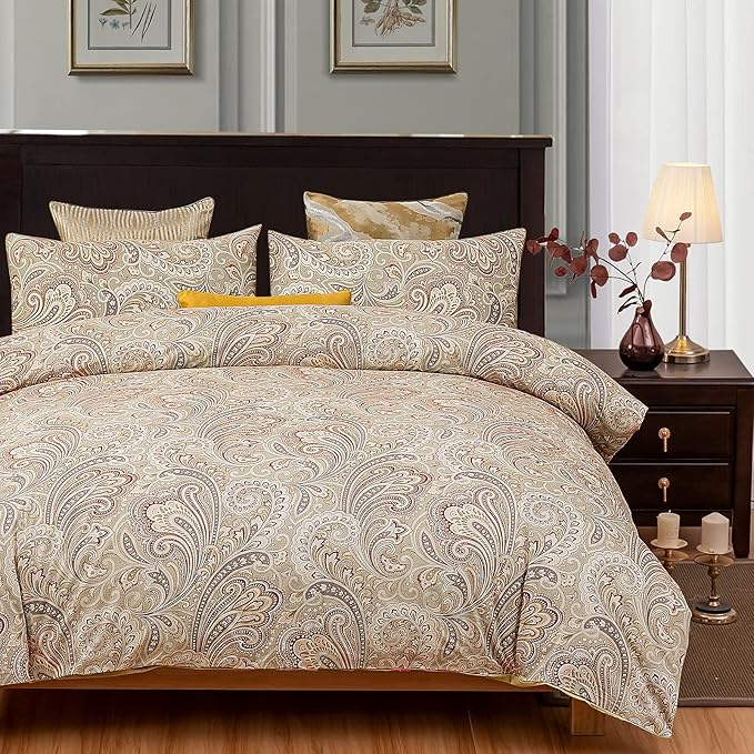 VM VOUGEMARKET Gold Duvet Cover Set King with Paisley Prints,100% Sateen Egyptian Cotton 3 Pieces Boho Damask Medallion Bedding Set,Luxury Elegant Duvet Cover with Button Closure-King,Golden