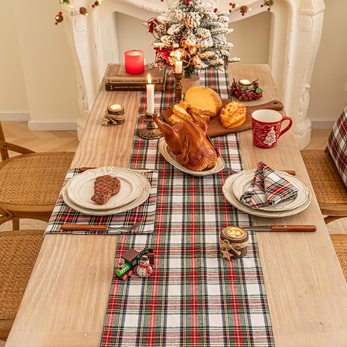 Red White Plaid Christmas Table Runner, Winter Holiday Table Runners 108 inches Long ，Xmas Decorations Indoor Outdoor Farmhouse Home Kitchen Dining Party Decor
