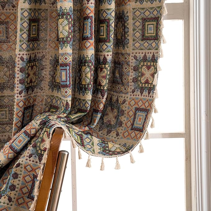 ENJOYBRIDAL Patchwork Curtains 84 Inches Long 2 Panels Semi Sheer Bedroom Drapes Rod Pocket Farmhouse Jacquard Bohemian Window Curtain Panels Light Filtering Beige Boho Living Room Window Treatments