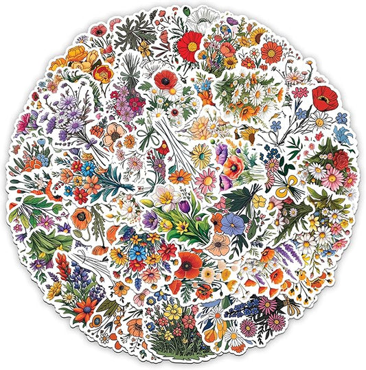 Wild Flower Bunch Stickers 50 Pieces Vinyl Waterproof Decal for Laptop Water Bottle Phone Car Window Guitar Stakeboard Scrapbook Flowers Sticker Gifts