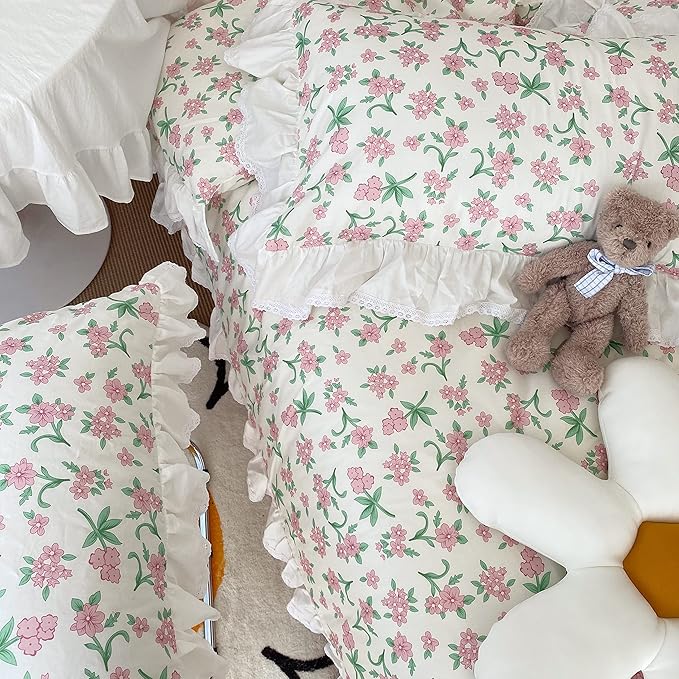 VM VOUGEMARKET Pink Floral Comforter Set Queen Romantic Ruffle Comforter with 2 Pillow Shams Vintage Cozy Princess Bed Comforter Set for Girls Women(3pcs,Queen)