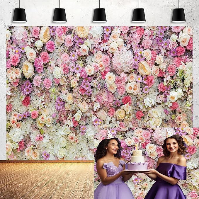 12x10ft Pink Rose Floral Flower Wall Backdrop Girls Wedding Birthday Bridal Shower Kids Portrait Background Photoshoot Cake Table Tea Party Photoshoot Decorations Photo Studio Props