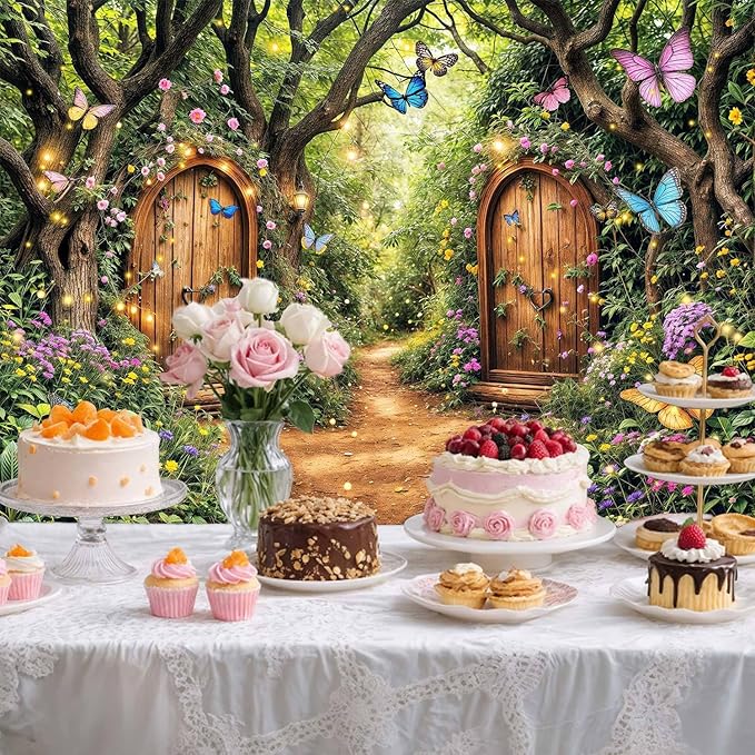 10X8ft Enchanted Forest Backdrop Fairy Tale Green Enchanted Garden Wonderland Floral Butterfly Photography Background for Kids Girl Baby Shower Birthday Party Decoration Banner Booth Props