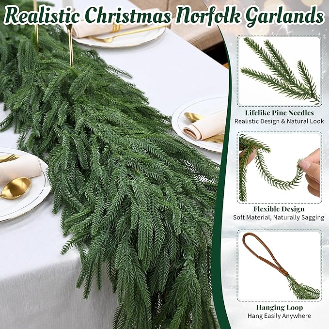 Palonu 1 Pcs 5Ft Artificial Norfolk Garland, Faux Christmas Greenery Touched Like Real Needles Pine, Decoration for Table Mantle Wall Porch Fireplace Indoor Outdoor Winter Holiday Décor