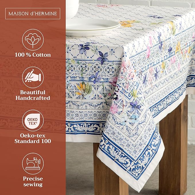 Maison d' Hermine Table Cloth Rectangle Table 100% Cotton 70 x 108 Inches Tablecloth Reusable Decorative Everyday Use for Dining Room, Farmhouse, Home, Party, Festive & Wedding Spring Summer - Faience