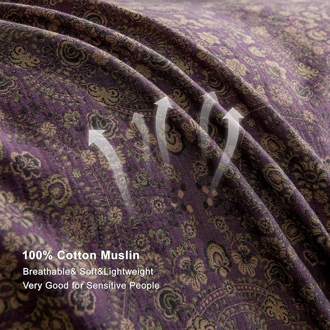 EAVD Soft 100% Cotton Muslin Yarn-Dyed Jacquard Textured Duvet Cover Twin Chic Shabby Purple Floral Duvet Cover with Zipper Closure Linen Like Gauze Floral Bedding Set with 2 Pillowcases