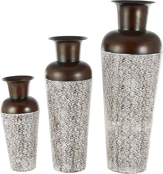 Deco 79 Metal Decorative Vase Tall Spotted Tapered Floor Centerpiece Vases with Brown Trumpet Tops, Set of 3 Flower Vases for Home Decoration 18", 39", 28" H, White