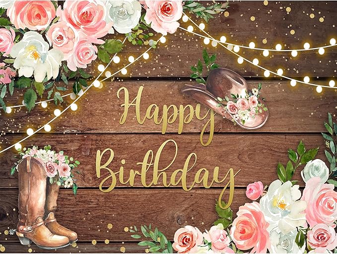 SVBright Cowgirl Birthday Backdrop 8Wx6H Western Rustic Country Wooden Plank Pink Flower Floral Happy Birthday Baby Shower Hat Plant Decorations Photography Background Banner Photo Booth Studio