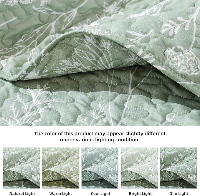 JANZAA Quilts Queen Size Sage Green Quilt Botanical with Floral Pattern Microfiber Bedspreads Queen Size 3 Pieces Lightweight Comforter Reversible Bedding Set with 2 Pillow Cases