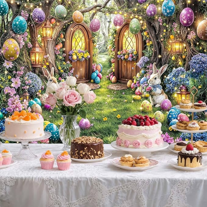10X8ft Enchanted Forest Easter Backdrop Fairy Tale Rabbit Magic Garden Easter Egg Wonderland Floral Photography Background for Kids Girls Party Decoration Cake Table Photo Booth Props