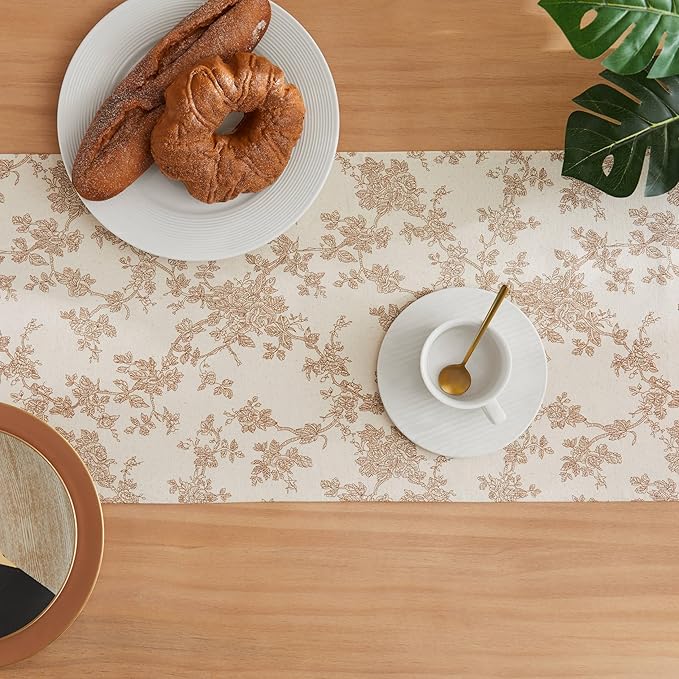 100% Cotton French Pastoral Table Runners, 13x36 Inch Brown Farmhouse Table Runners 36 Inches Long, Vintage Flowers Print Home Decors