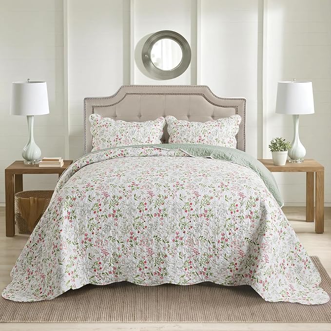 HoneiLife Floral Quilt King Size - 3 Pieces Microfiber Quilt Sets Lightweight Bedspreads Wildflower Coverlets Nature Bed Cover King Quilt Bedding Set All Season Quilts