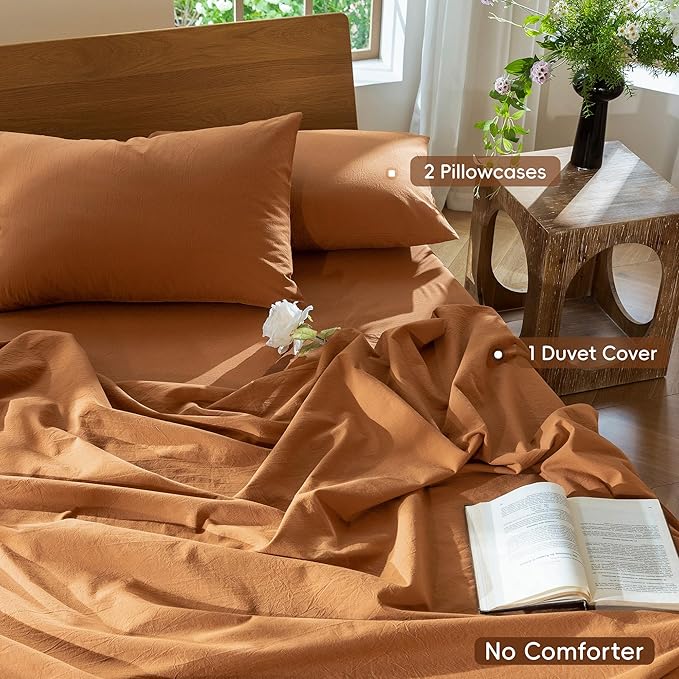 MooMee Bedding Duvet Cover Set 100% Washed Cotton Linen Like Textured Breathable Durable Soft Comfy (Solid Burnt Orange, Oversized Queen 98"x98")