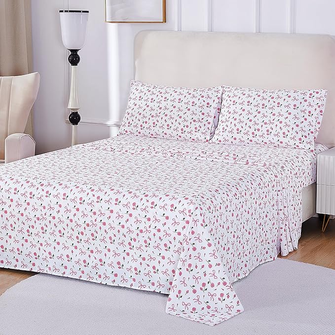 Softan Pink Floral Full Bed Sheets, Cozy Microfiber Flower Printed Sheets with 15" Deep Pocket Fitted Sheet & Non-Slip Straps, Patterned Pink Rose - Bow Sheets & Pillowcase Set