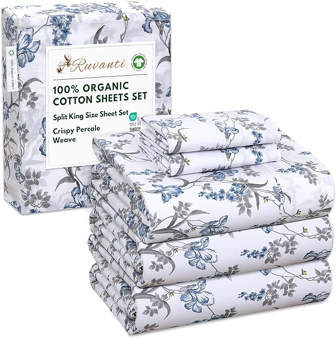 RUVANTI 100% Organic Cotton Sheets Split King, Percale Weave, GOTS Certified, 5-Piece Set, Deep Pocket 15", Crisp & Breathable, Soft Durable Bedding, Sábanas Algodón Orgánico – Deluxe