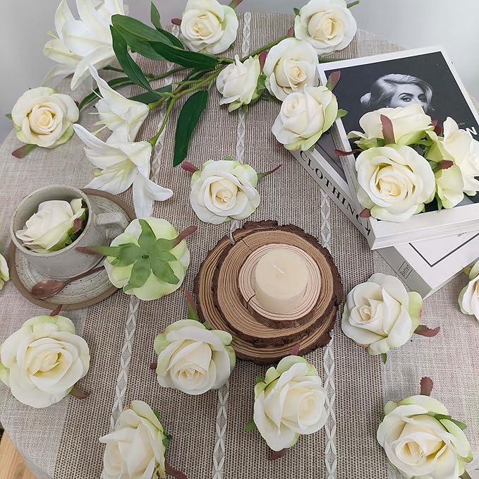 Artificial Satin Rose Flower Heads,42 Pcs Silk Rose Heads with Stems,3.5'' Rose Artificial Flowers Bulk,Artificial Rose Flower Heads for DIY Crafts Bouquet (42, Ivory)