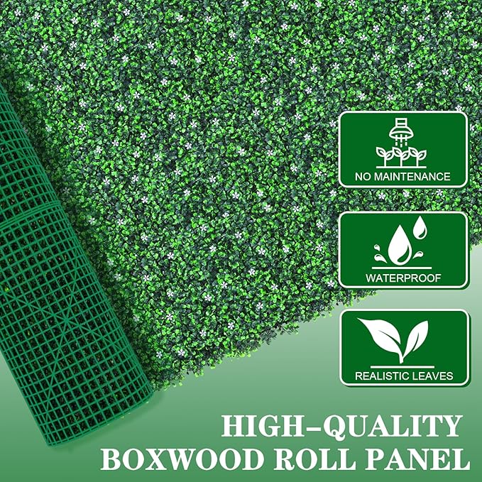Artificial Boxwood Roll Panels with Flowers,40"x 120"(33.33 sq.ft) UV-Anti Faux Ivy Leaves Privacy Fence Screen Grass Wall Roll Panels for Indoor Home Decor and Outdoor Garden Backyard