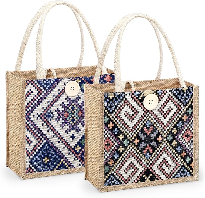 Women Tote Bag,2Pcs Jute Casual Tote's Handbag Embroidered Personalized Bento Bag,Reusable Grocery Bags Shopping Bags
