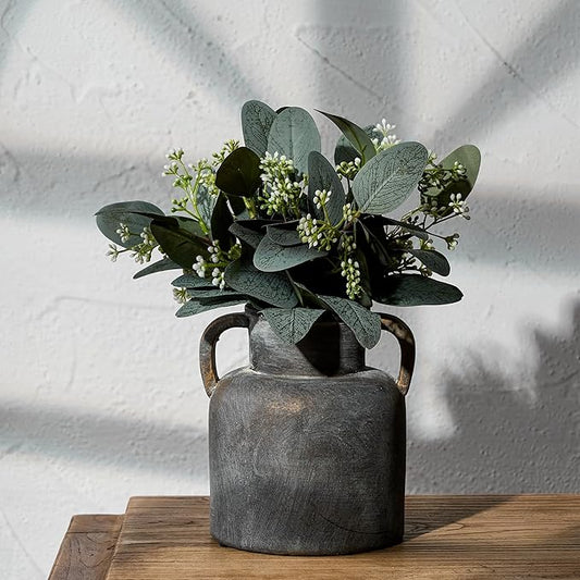 Antique Ceramic Vase with 2 Handles, 6.1 Inch Farmhouse Rustic Flower Vase, Small Vintage Terracotta Vases for Home Decor, Wedding, Living Room, Table, Shelf Decor, Black Bronze