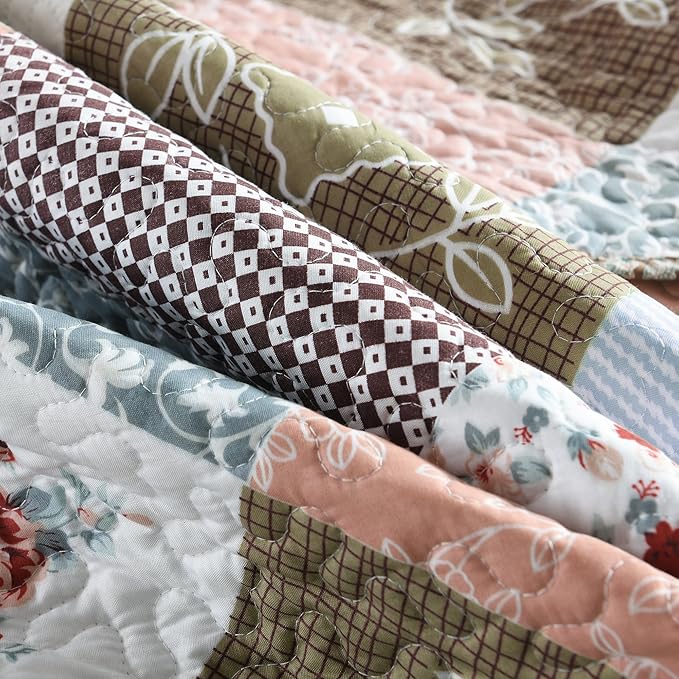 HoneiLife Quilt Set Queen Size - 3 Piece Microfiber Quilts Reversible Bedspreads Patchwork Coverlets Floral Bedding Set All Season Quilts,Mocha Rose-Queen/Full Size