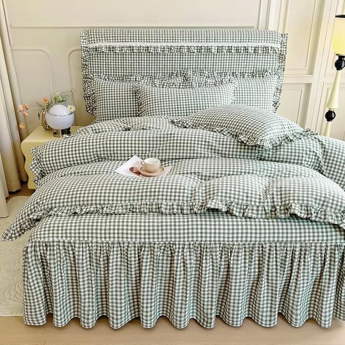 LifeTB Twin XL Comforter Set Green Gingham Comforter for Men Boys Ruffle Plaid Comforter Set Checkered Grid Bed Comforter with 2 Pillowcases Fluffy Soft Vintage Plaid Gingham Bedding Set Twin XL