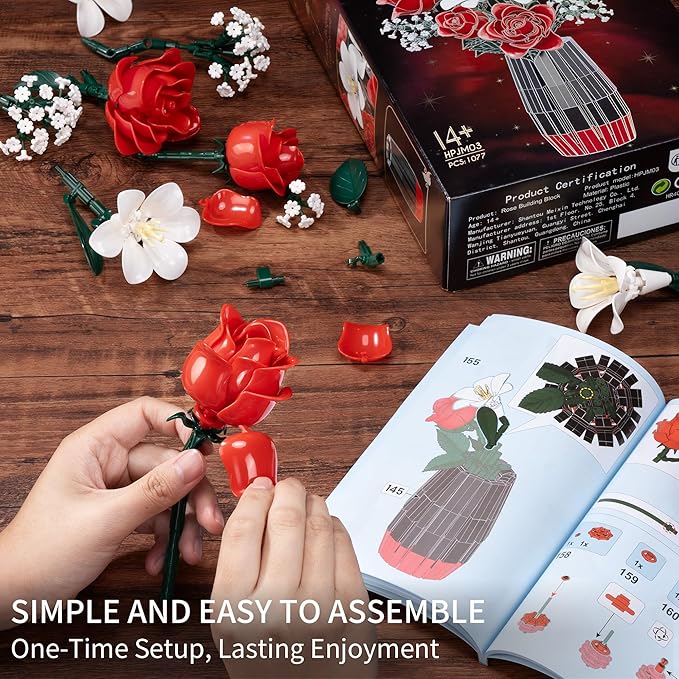 Rose Flower Building Blocks with Vase Set for Adults, Christmas Artificial Flower Bouquet Botanical Collection Bricks Anniversary Birthday Gifts for Her Women Mom Grandma Wife Men Home Decor -1077PCS