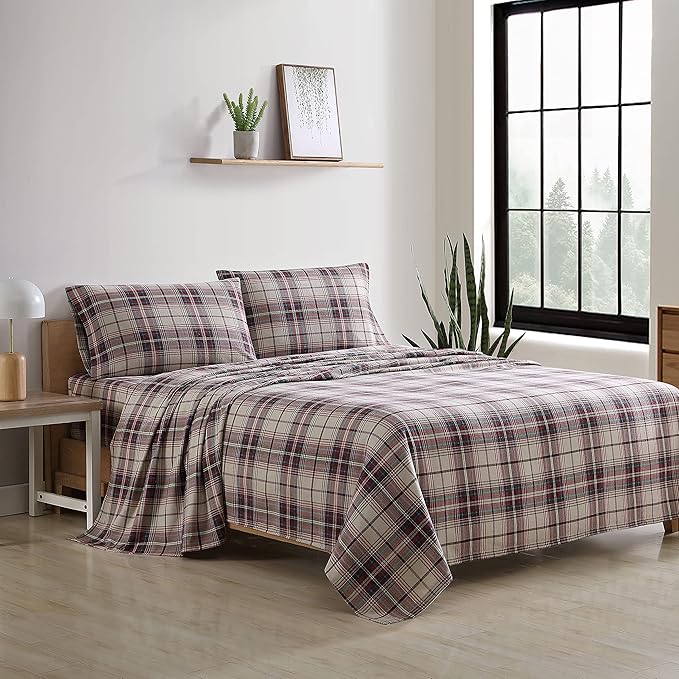 Eddie Bauer - Flannel Sheets Twin Size, Anti-Pilling & Wrinkle Resistant Cotton, Touchably Soft for All-Season Comfort - Bed Sheets with Matching Pillowcases & Fitted Sheet (Montlake Plaid Red)
