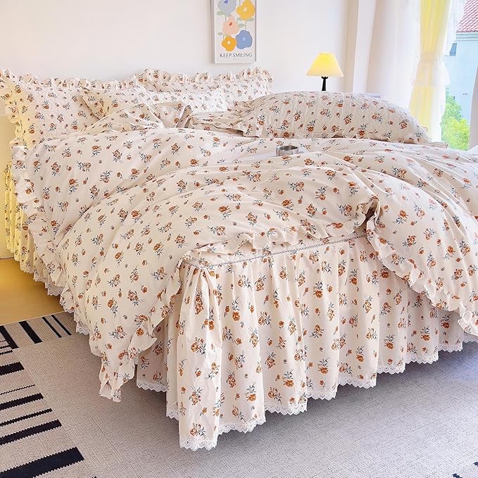 EAVD Cute Garden Floral Duvet Cover with Ruffles Soft Cotton Chic French Romantic Floral Bedding Set with 2 Pillowcases Reversible Botanical Print Duvet Cover with Zipper Closure