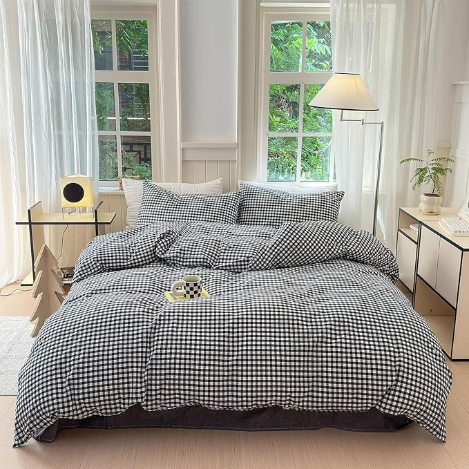 LifeTB Black Gingham Comforter Set King Geometric Checkered Plaid Comforter Set 3 Pieces Boho Grid Comforter with 2 Pillowcases Fluffy Soft Checkered Pattern Lightweight Gingham Bedding Set King