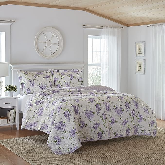 Laura Ashley - Twin Quilt Set, Reversible Cotton Bedding with Matching Sham, Lightweight Decor for All Seasons (Keighley Lilac, Twin)