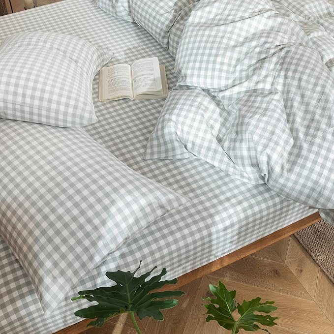 MooMee Gingham Duvet Cover Set 100% Washed Cotton Linen Like Textured Breathable Durable Soft Comfy Modern Checkered Design (Northern Droplet Grey Gingham, Cal King 104"x98")
