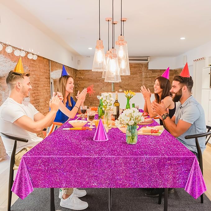 2 Pcs Fuchsia Red Holographic Plastic Tablecloths Laser Table Covers 40" x 108" Foil Disposable Table Cloths for Themed Birthday Party Wedding Christmas Holiday Party Decorations