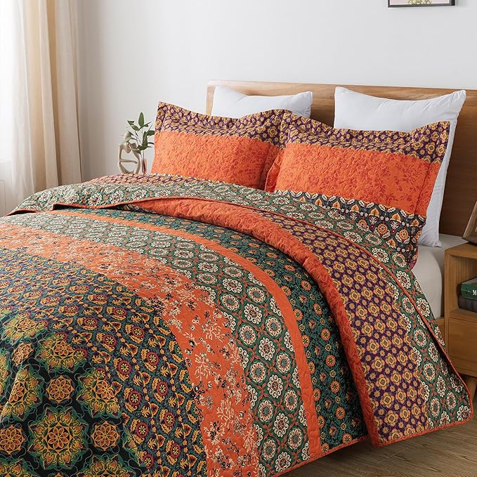 HoneiLife Quilt Sets Queen Size - 3 Pieces Microfiber Quilt Lightweight Bedspreads Wildflower Coverlets Retro Bed Cover King Quilt Bedding Set All Season Quilts-Pumpkin