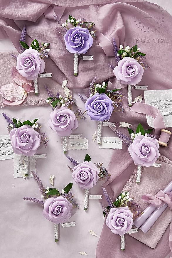 TINGE TIME Boutonniere for Men Wedding,Groom and Best Man Boutonniere for Wedding Ceremony Anniversary, Formal Dinner Party and Rustic Spring Wedding Marriage (10, Noble Purple)