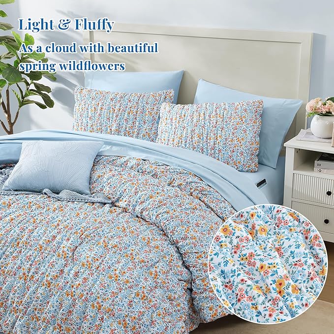 Full Size Comforter Sets-7 Pieces Puff Marigold Blue Floral Bedding Set for All Seasons, Shabby Chic Farmhouse Bed in a Bag Full with Floral Comforter, Sheets, Pillowcases & Shams