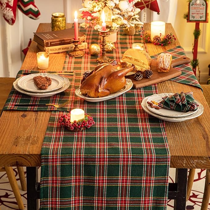 Green Red Plaid Christmas Table Runner, Winter Holiday Table Runners 48 inches Long, Xmas Decorations Indoor Outdoor Farmhouse Home Kitchen Dining Party Decor