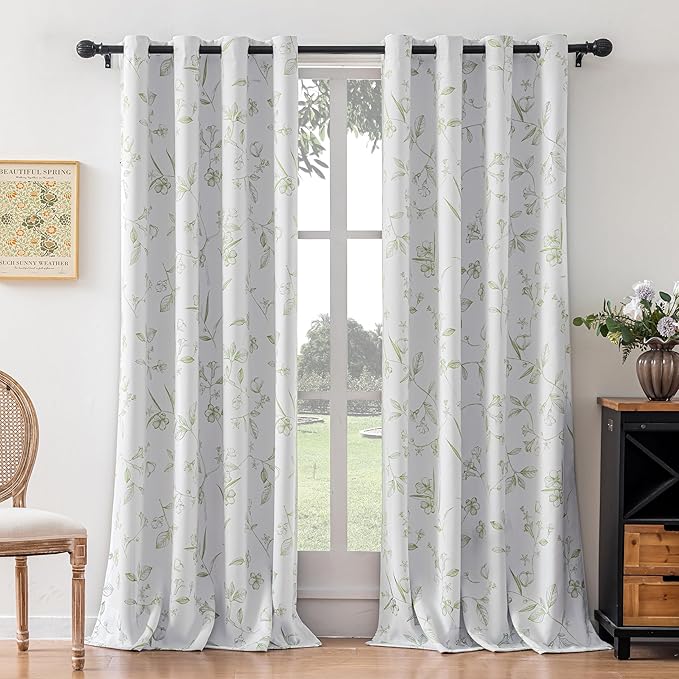 ChrisDowa 100% Blackout Floral Curtains 96 Inches Long 2 Panels for Bedroom Living Room Sage Green Flower Patterned Room Darkening Thermal Insulated Soundproof Grommet Window Treatments Drapes,52X96