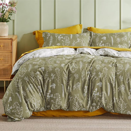 Bedsure Duvet Cover Queen Size - Reversible Olive Green Queen Duvet Cover Set with Zipper Closure, 3 Pieces Floral Patterned Bedding Set with 8 Corner Ties and 2 Pillow Shams