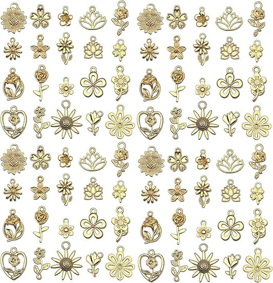 WOCRAFT 60pcs KC Gold Flowers Charms Bracelet Charms for Jewelry Making Sets DIY Necklace Bracelet Keychain Crafting Charms Kit Craft Supplies (SN878)