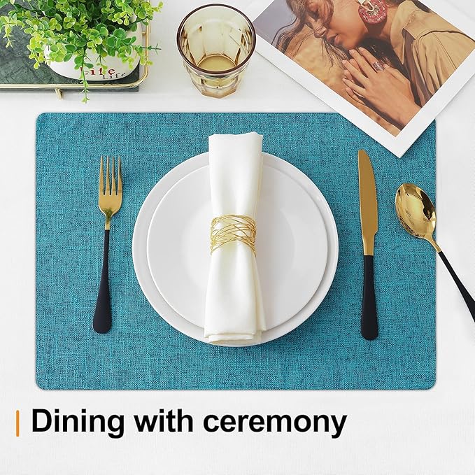 Homaxy Cloths Placemats for Dining Table Set of 4, Heat Resistant Washable Cotton Linen Blend Table Mats, Easy to Clean Place Mats for Indoor Outdoor Party Kitchen Decoration, 13" x 19", Teal