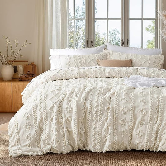 Bedsure Boho Duvet Cover Full Size, Soft & Comfortable Elegant Design Boho Bedding for Decoration, Machine Washable Comforter Cover for All Seasons,Includes 1 Duvet Cover & 2 Pillow Shams,Beige
