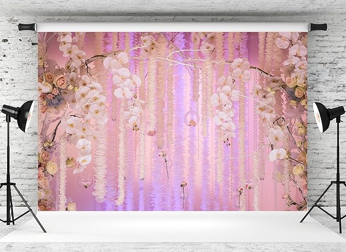 5x3ft Pink Floral Orchid Rose Backdrop Wedding Party Decoration Romantic Flower Wall Hanging Drapes Photo Booth Background for Birthday Baby Shower Engagement Anniversary Bridal Shower