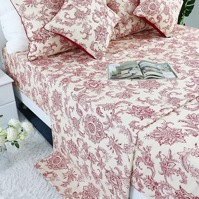 FADFAY Bed Set Red Floral Leaves Bedding Elegant Bed Sheets Set Luxury Bedding Sheet 800 Thread Count 100% Egyptian Cotton Deep Pocket Fitted Sheet, Girls Women 4 Piece-Twin Size